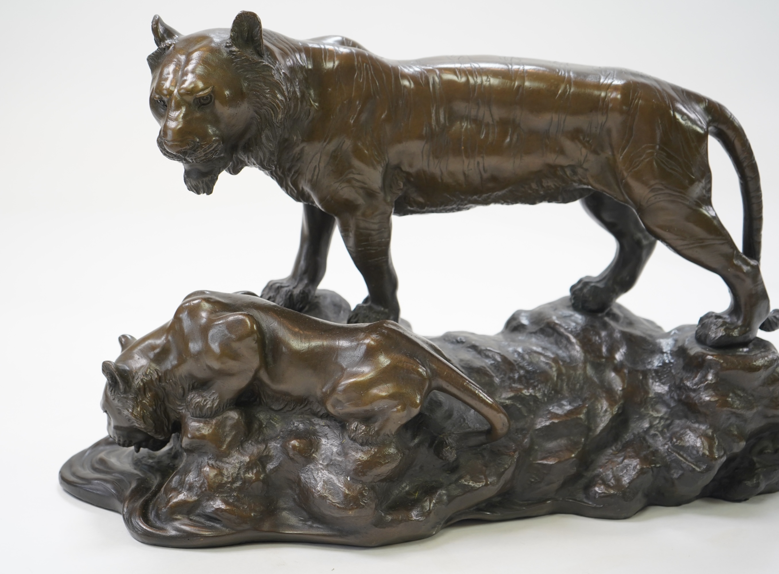 CHANGE TO DESCRIPTION- After Genryusai Seiya, a large patinated bronze group of two tigers on a riverbank